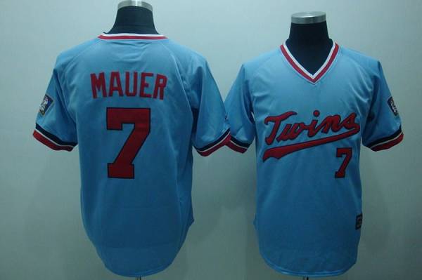 Twins #7 Joe Mauer Light Blue Cooperstown Throwback Stitched MLB Jersey - Click Image to Close